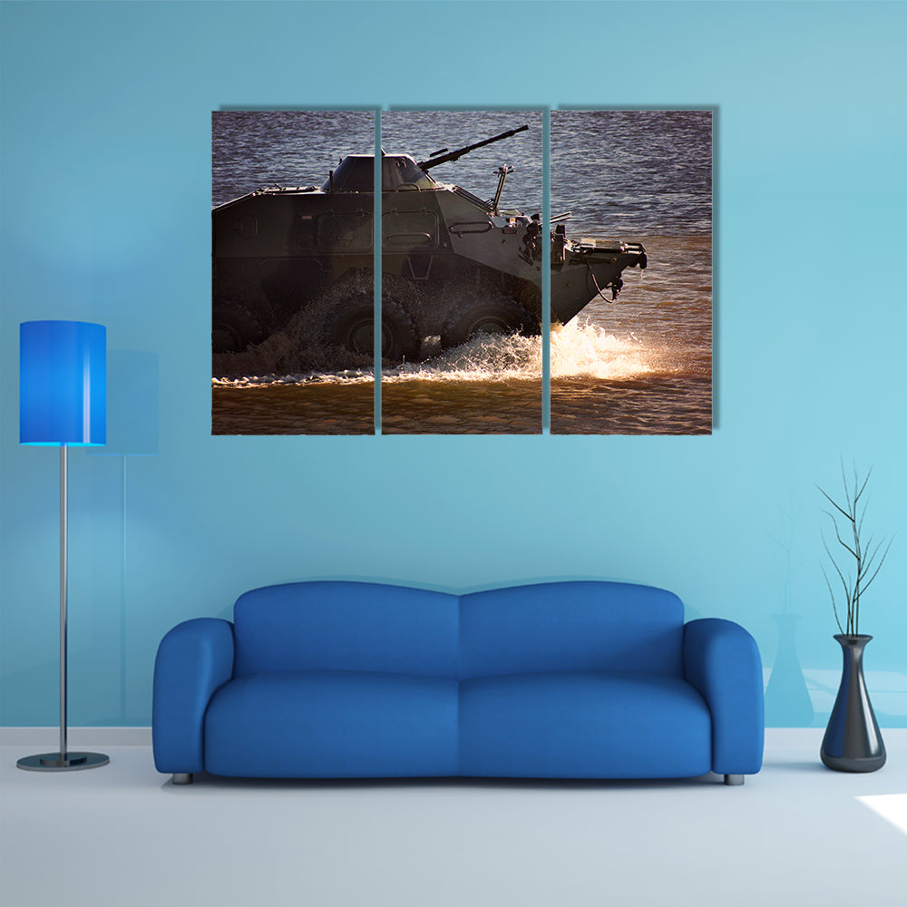 A Tank With Military Equipment Splashing Water Around Multi Panel Canvas Wall Art