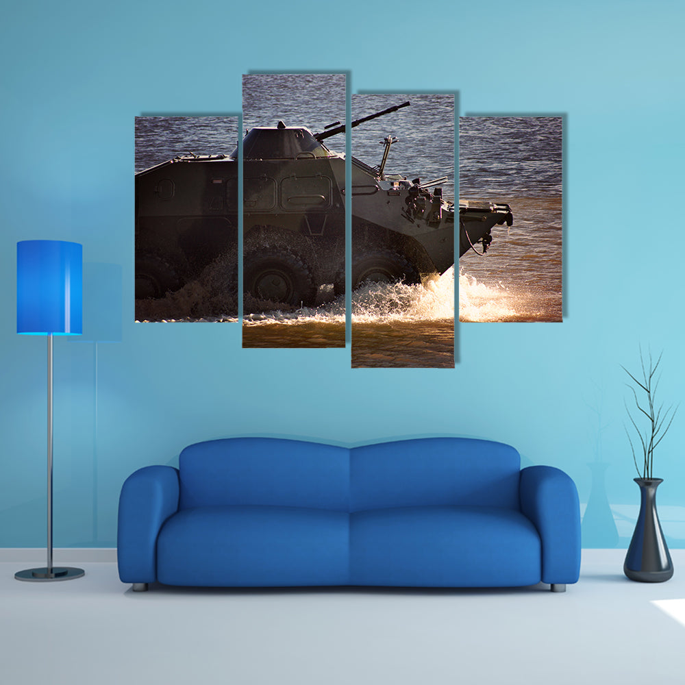 A Tank With Military Equipment Splashing Water Around Multi Panel Canvas Wall Art