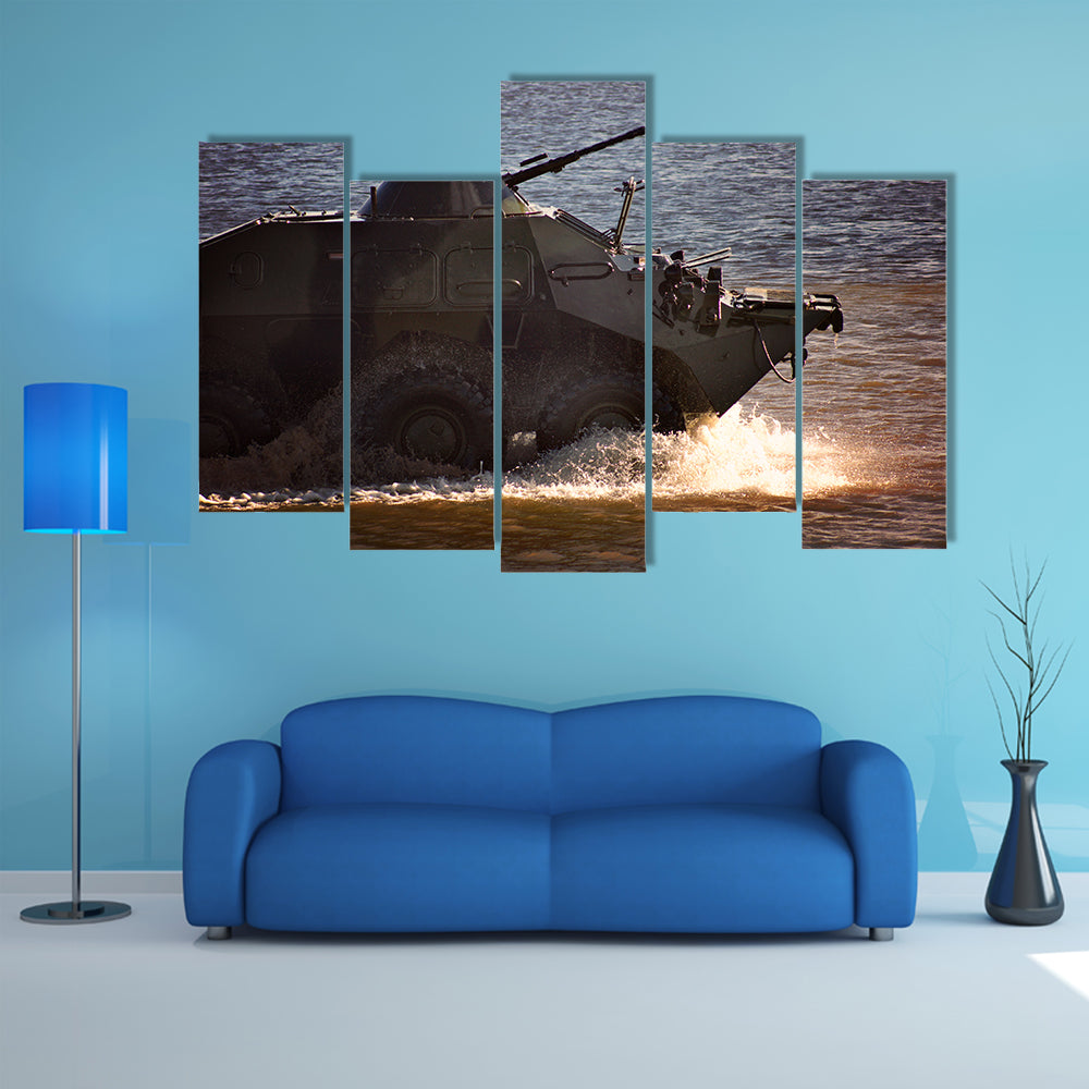 A Tank With Military Equipment Splashing Water Around Multi Panel Canvas Wall Art