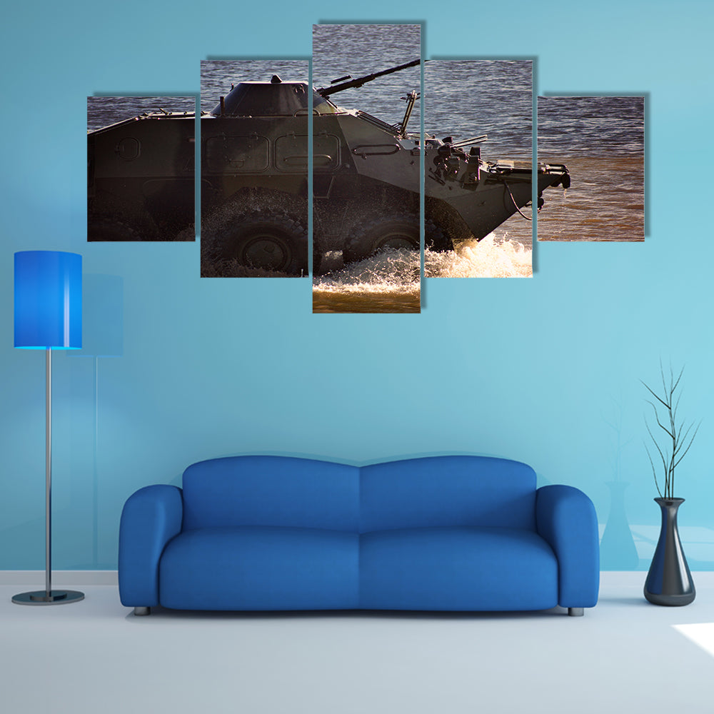 A Tank With Military Equipment Splashing Water Around Multi Panel Canvas Wall Art