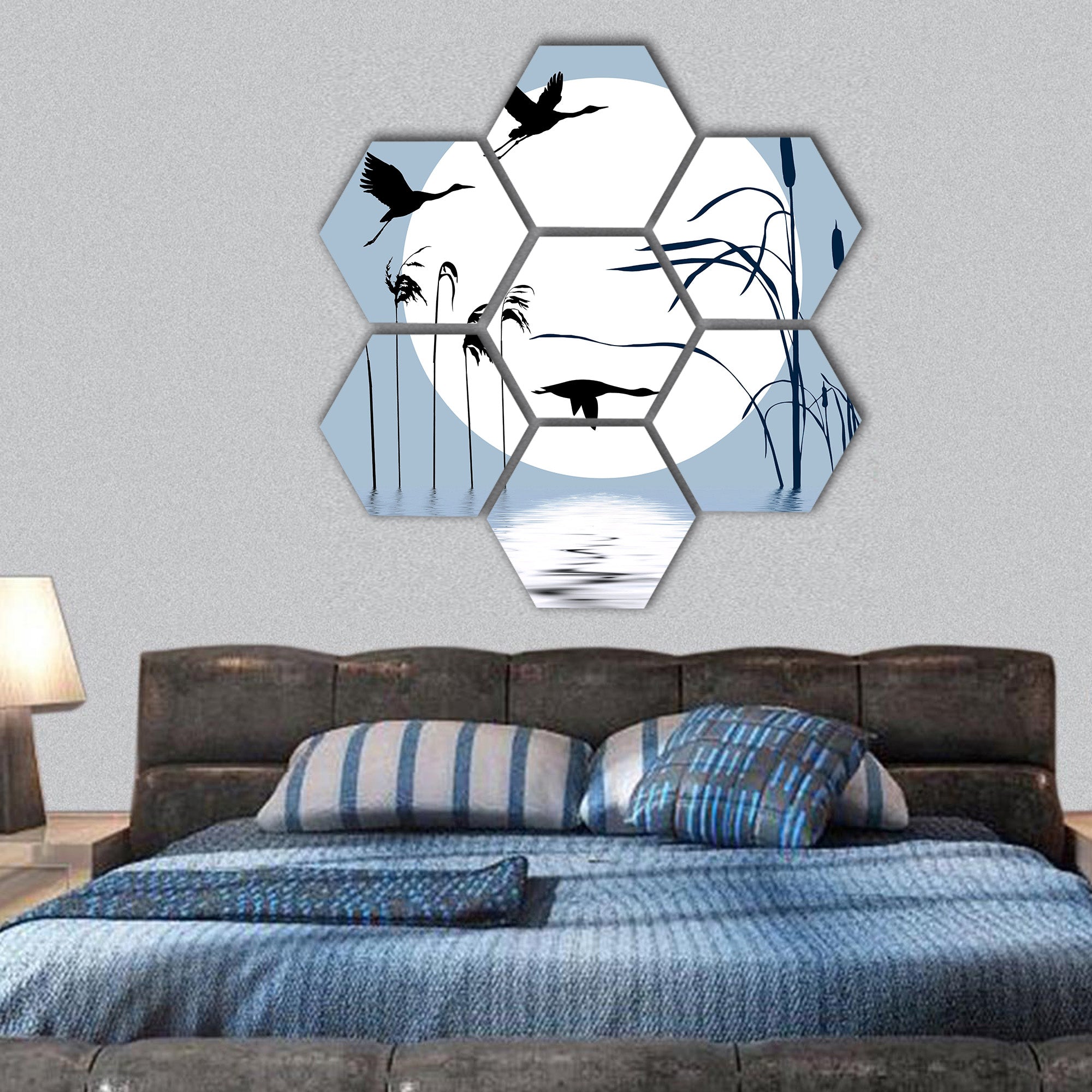 Flying birds on background sun hexagonal canvas wall art