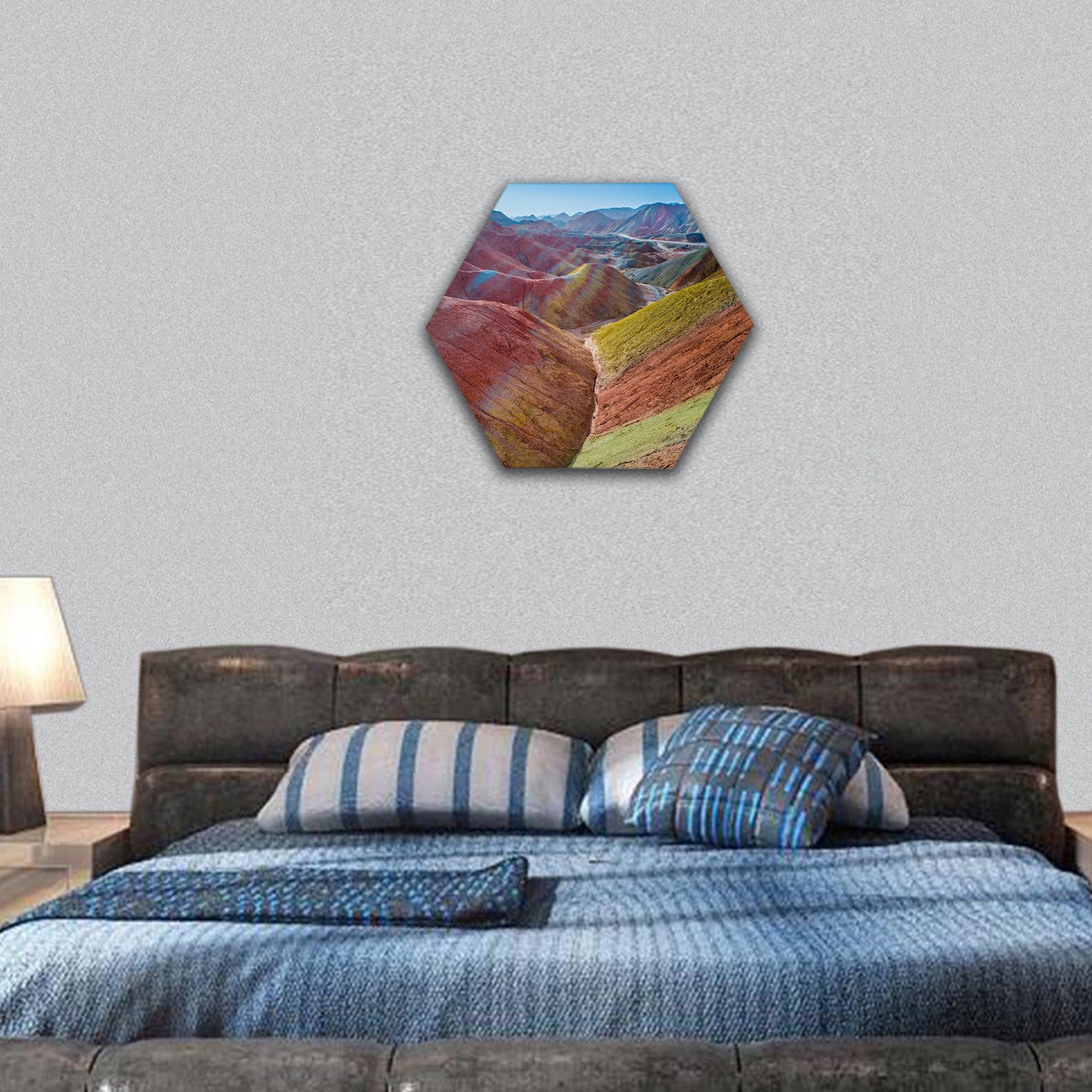 landscape of rainbow mountains at Zhangye Danxia Geopark hexagonal canvas wall art