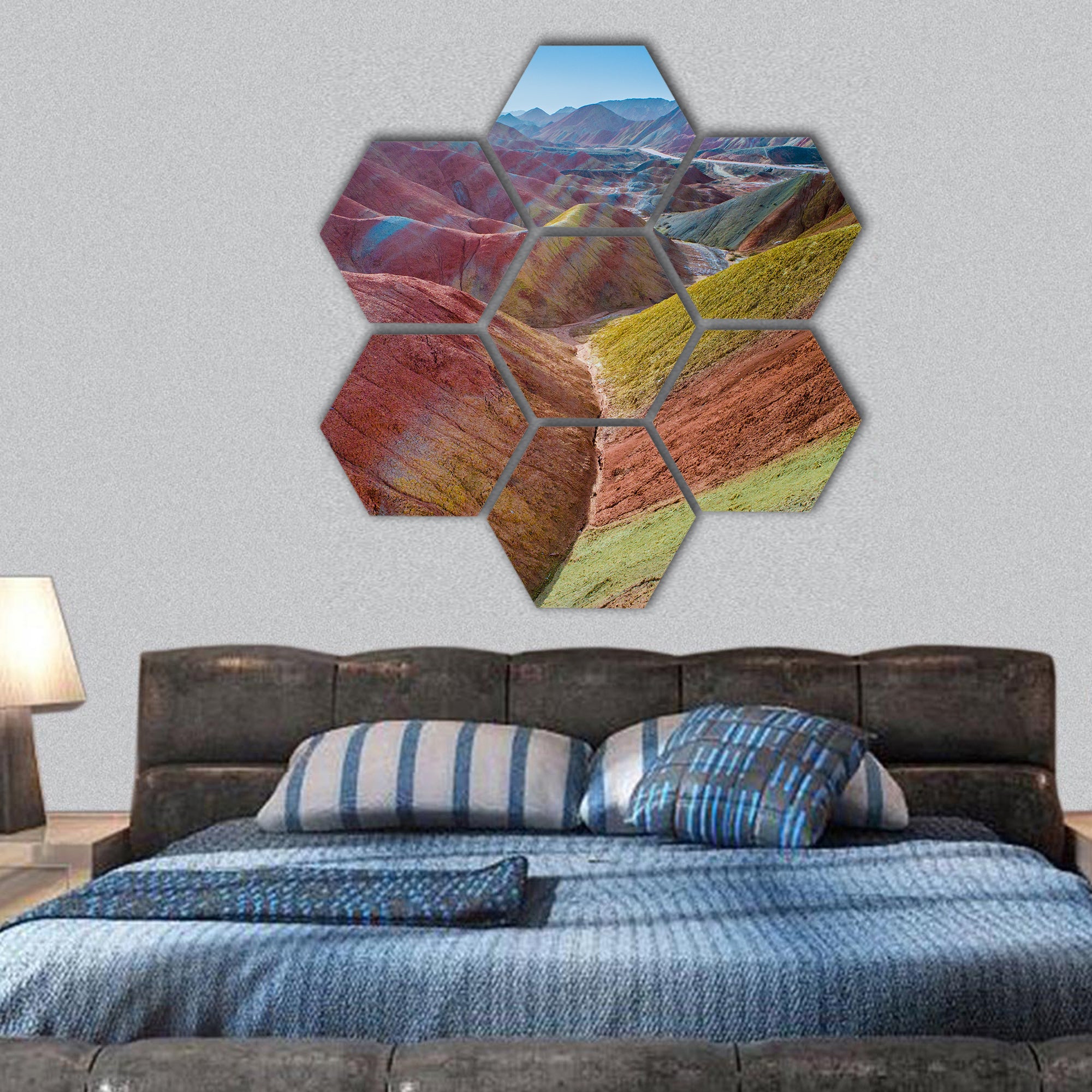 landscape of rainbow mountains at Zhangye Danxia Geopark hexagonal canvas wall art