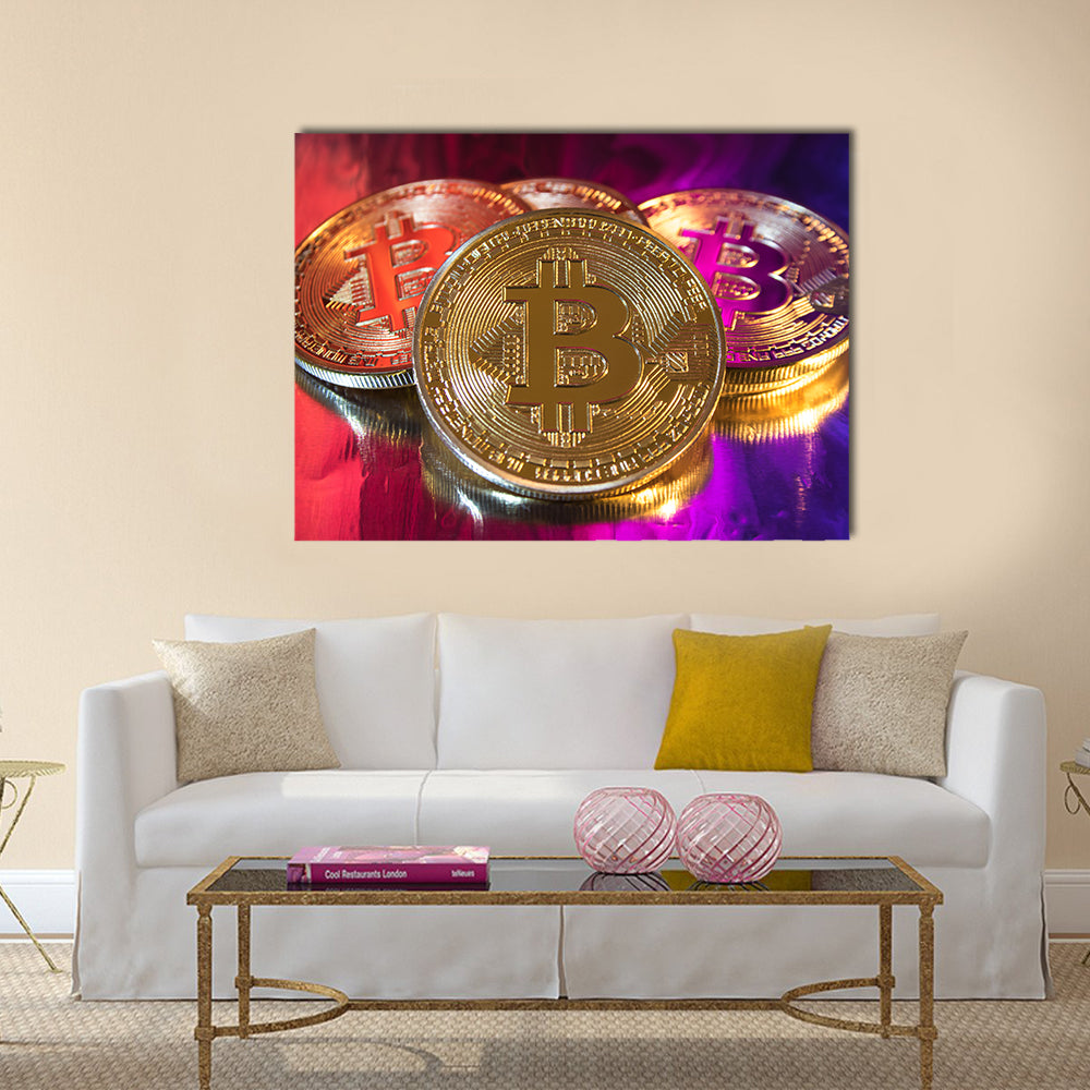 Cryptocurrency physical golden bitcoin multi panel canvas wall art