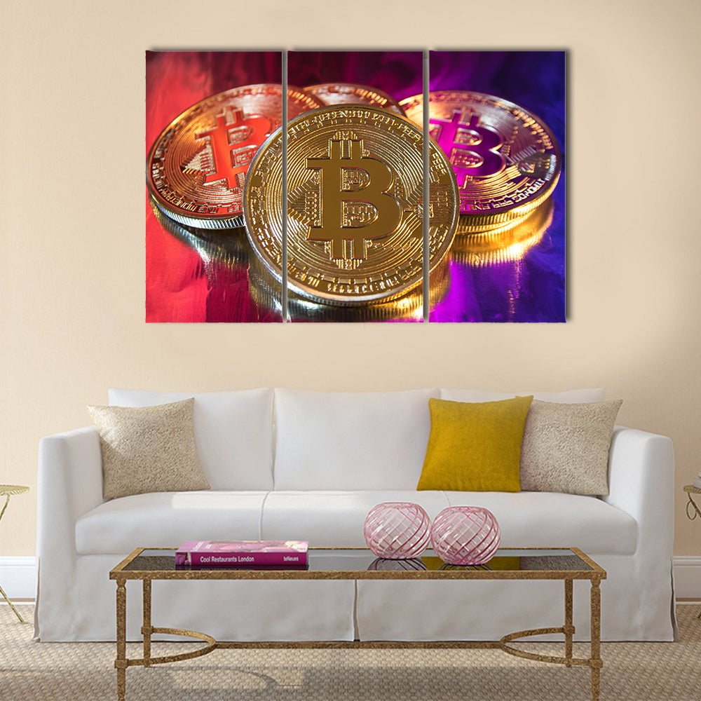 Cryptocurrency physical golden bitcoin multi panel canvas wall art