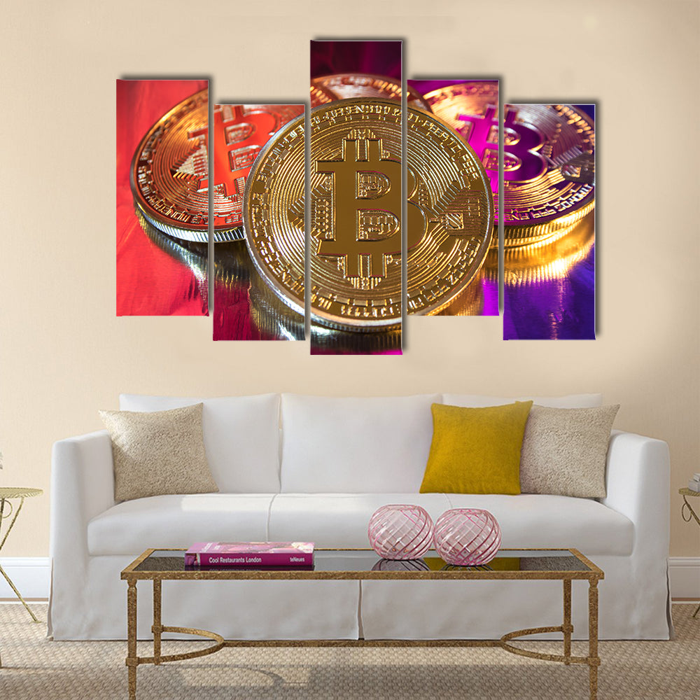 Cryptocurrency physical golden bitcoin multi panel canvas wall art