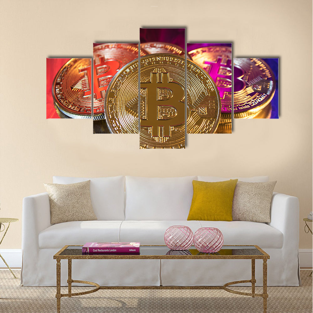 Cryptocurrency physical golden bitcoin multi panel canvas wall art