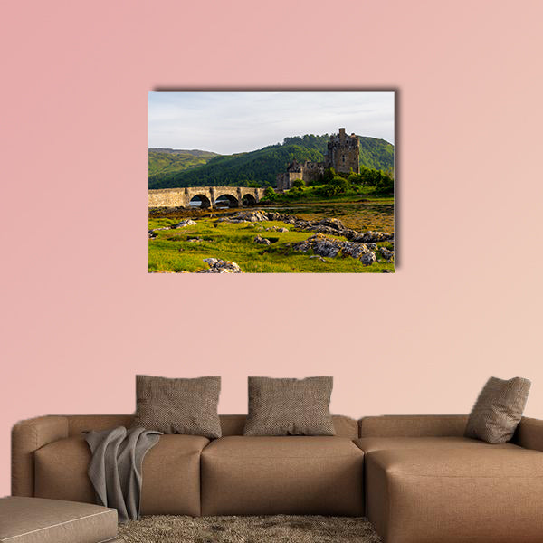 Castle in Scottish Highlands located next to a lake Multi panel canvas wall art