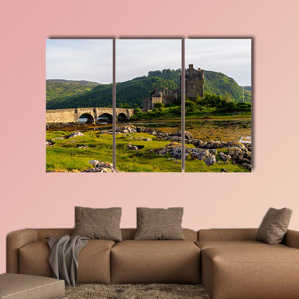 Castle in Scottish Highlands located next to a lake Multi panel canvas wall art