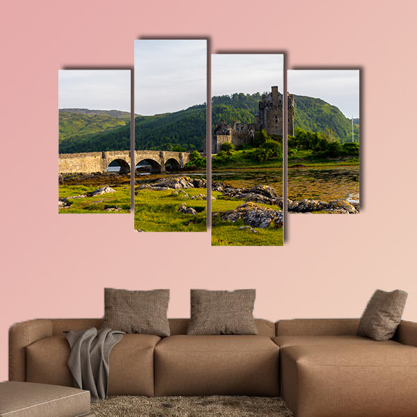 Castle in Scottish Highlands located next to a lake Multi panel canvas wall art