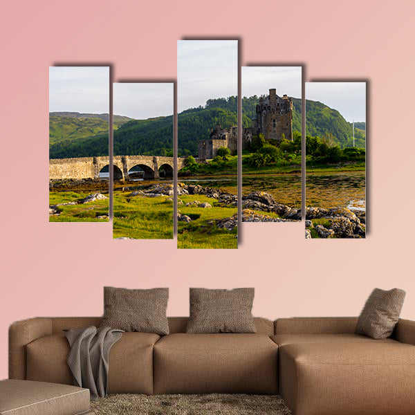 Castle in Scottish Highlands located next to a lake Multi panel canvas wall art