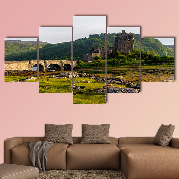 Castle in Scottish Highlands located next to a lake Multi panel canvas wall art