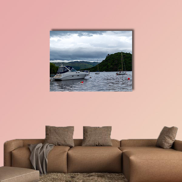 Boats anchored in Scottish Lake multi panel canvas wall art