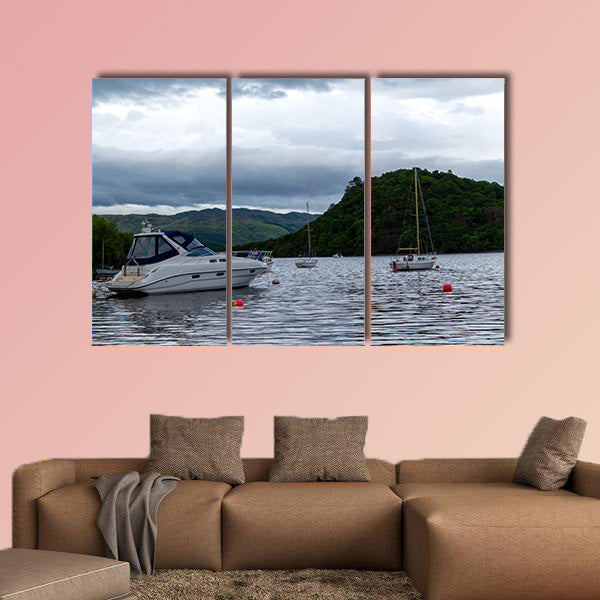 Boats anchored in Scottish Lake multi panel canvas wall art