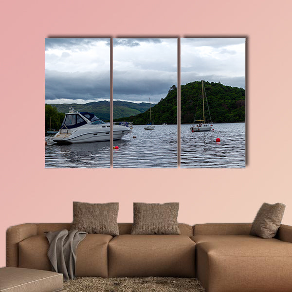 Boats anchored in Scottish Lake Multi panel canvas wall art