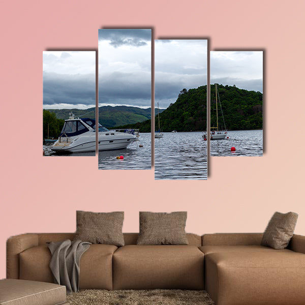 Boats anchored in Scottish Lake Multi panel canvas wall art