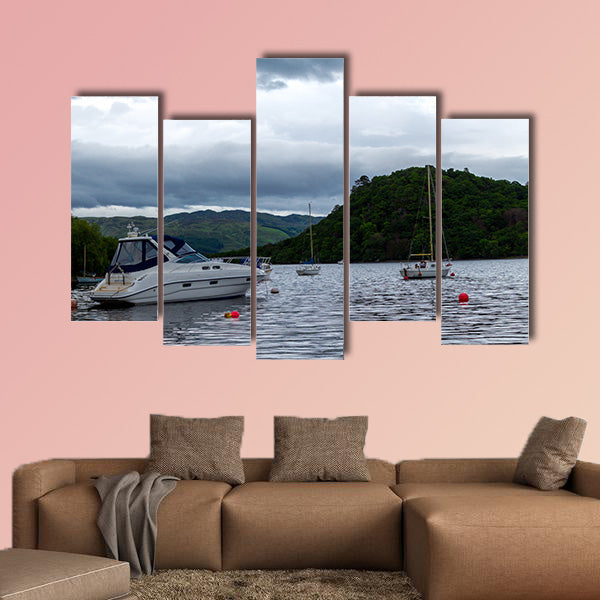 Boats anchored in Scottish Lake multi panel canvas wall art