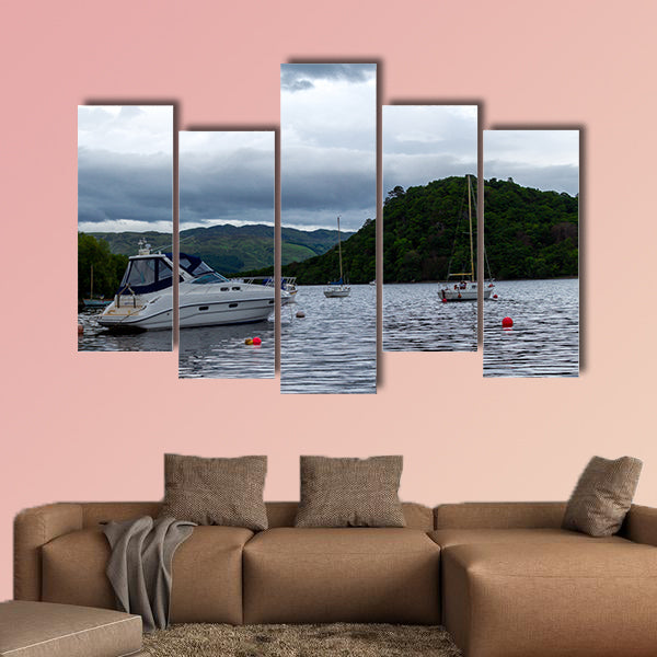 Boats anchored in Scottish Lake Multi panel canvas wall art