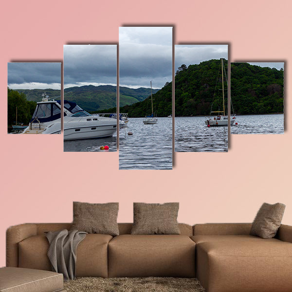 Boats anchored in Scottish Lake multi panel canvas wall art