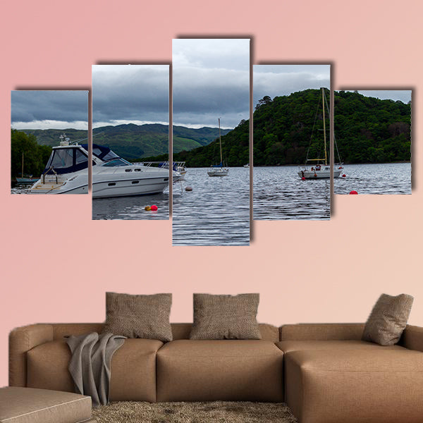 Boats anchored in Scottish Lake Multi panel canvas wall art