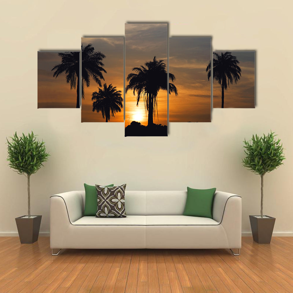 Sunrise and palm trees in The Gambia, West Africa Multi Panel Canvas Wall Art
