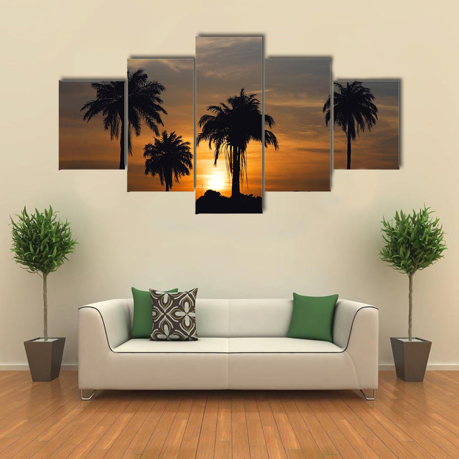 Sunrise and palm trees in The Gambia, West Africa Multi Panel Canvas Wall Art