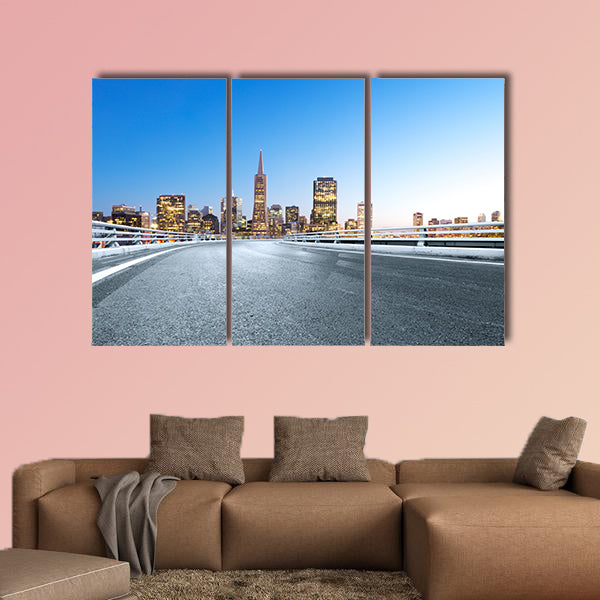 Empty road with landmark buildings in San Francisco multi panel canvas wall art