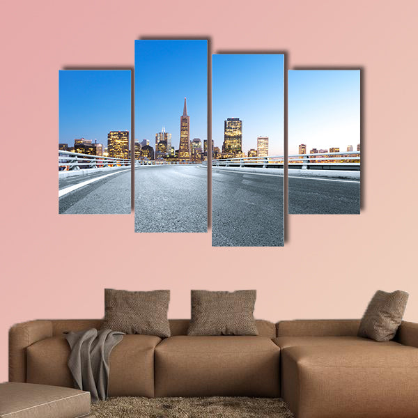 Empty road with landmark buildings in San Francisco multi panel canvas wall art