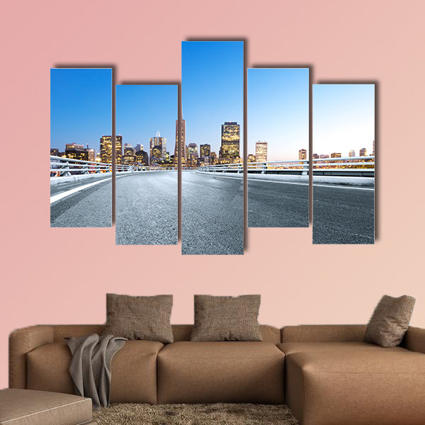 Empty road with landmark buildings in San Francisco multi panel canvas wall art