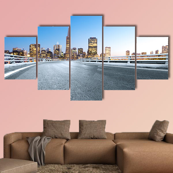 Empty road with landmark buildings in San Francisco multi panel canvas wall art