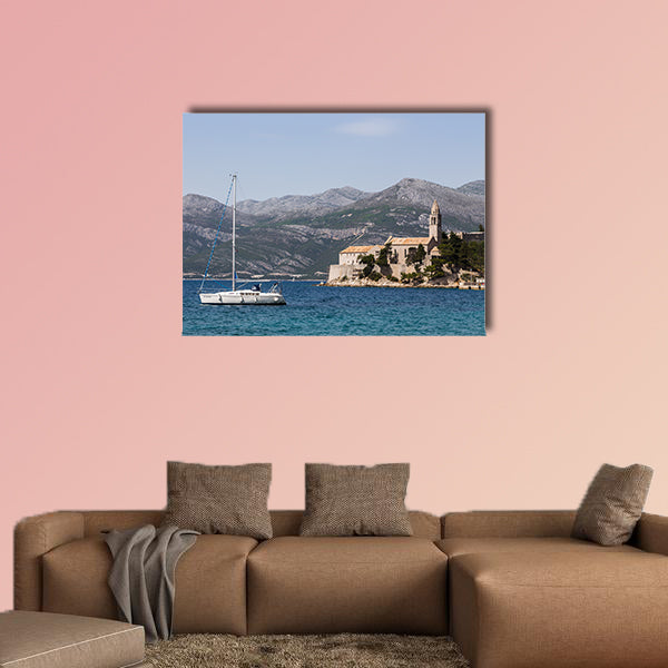 A yacht pictured off the Coast of Lopud Island in the South wall art