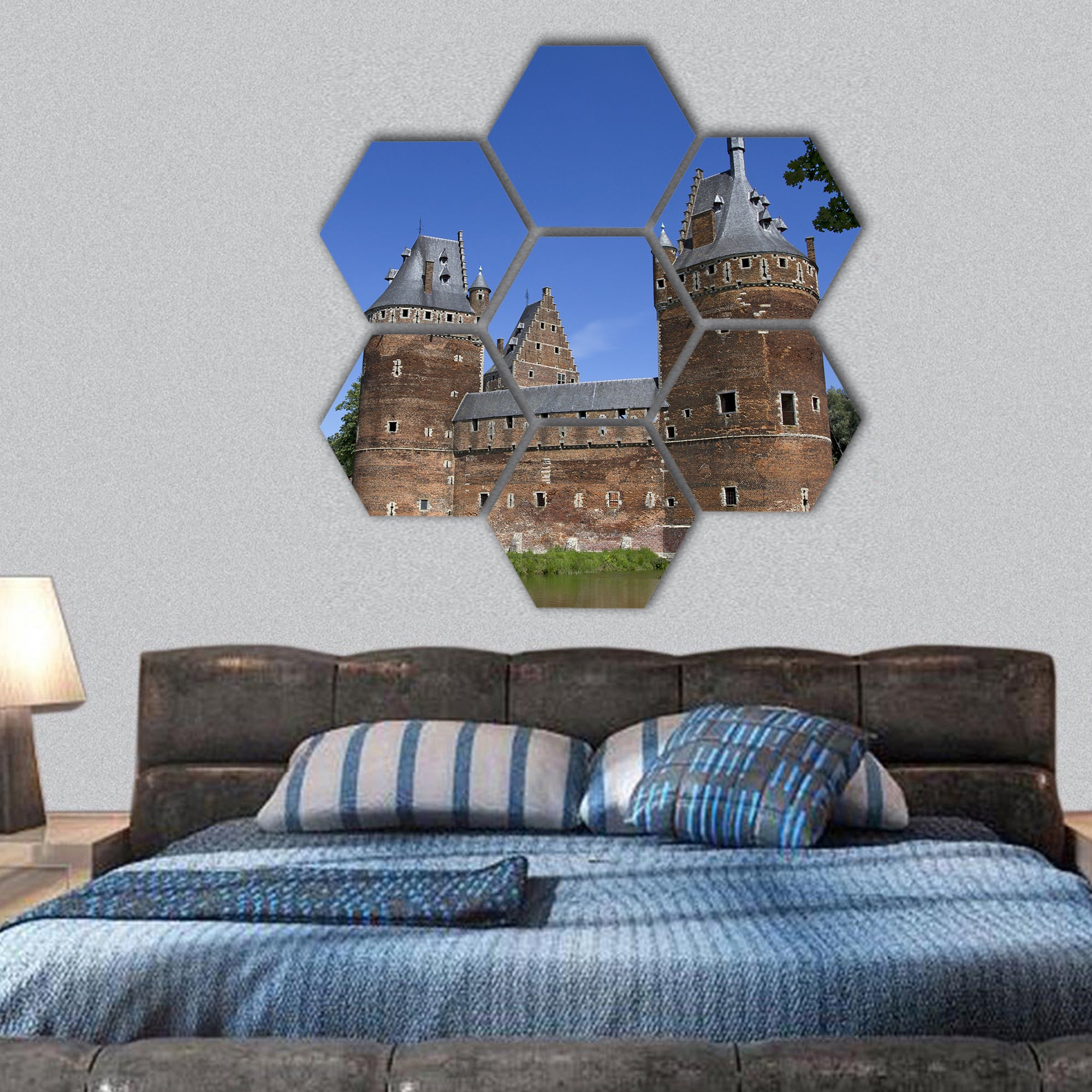 Beersel Castle in Brussels, Belgium hexagonal canvas wall art