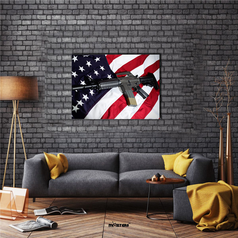USA Flag Along With A Rifle Multi Panel Canvas Wall Art