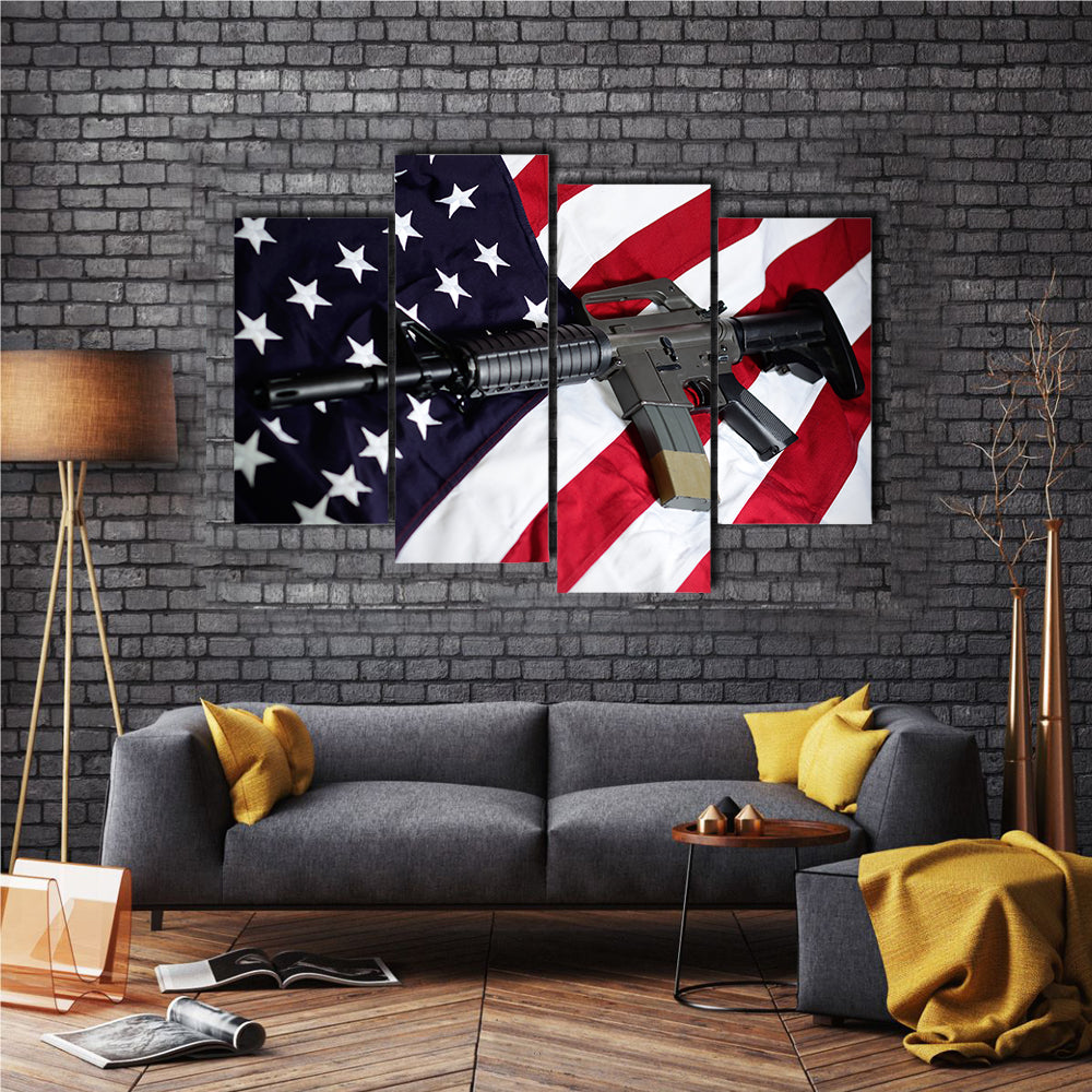 USA Flag Along With A Rifle Multi Panel Canvas Wall Art