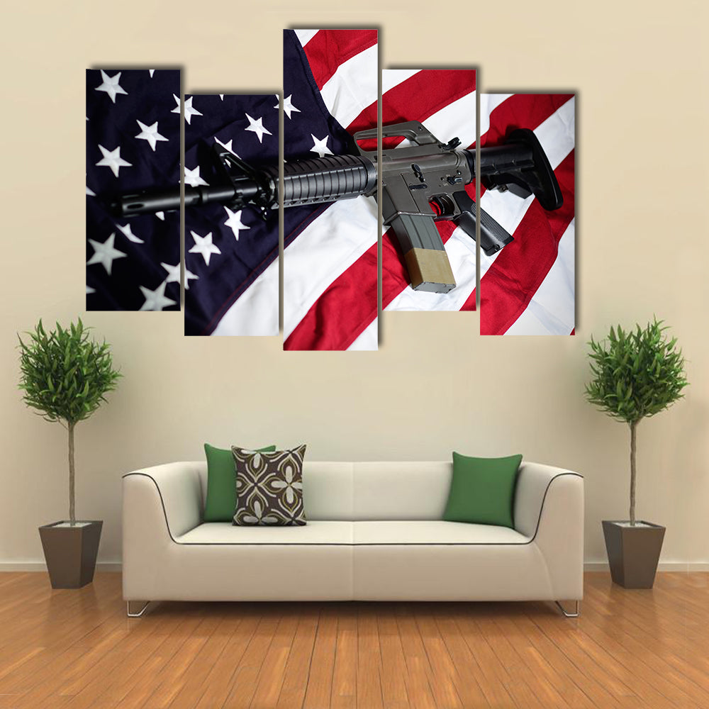 USA Flag Along With A Rifle Multi Panel Canvas Wall Art