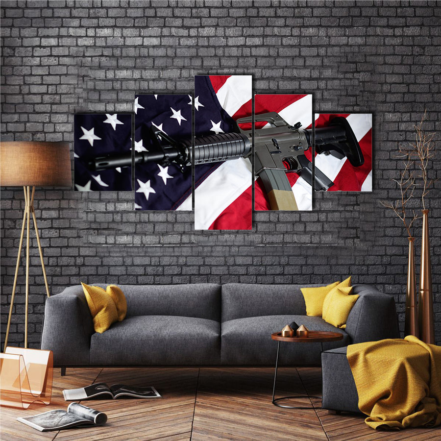 USA Flag Along With A Rifle Multi Panel Canvas Wall Art