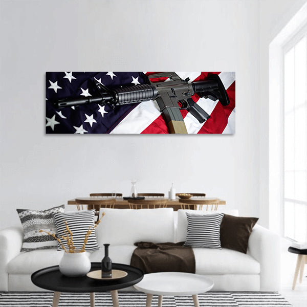Flag of the USA with rifle panoramic canvas wall art