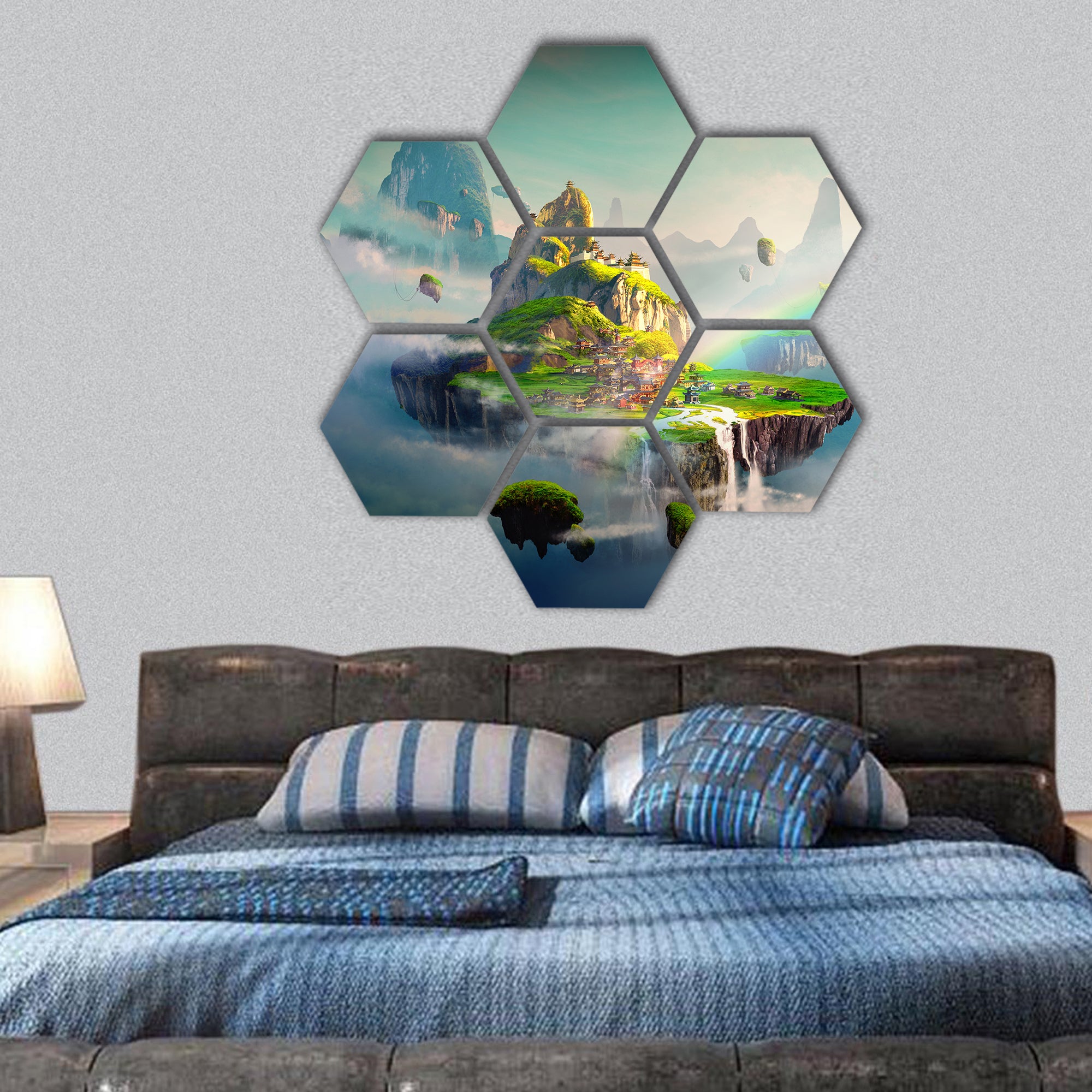 Chinese style fantasy scenes hexagonal canvas wall art