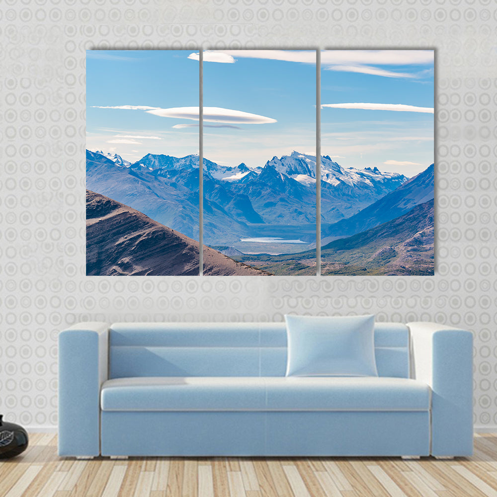 Scene Of A Snowing Landscape With Mountains Multi Panel Canvas Wall Art
