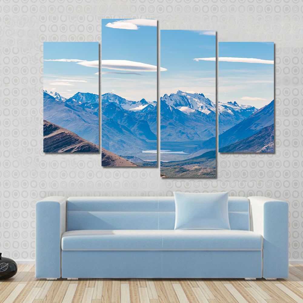 Scene Of A Snowing Landscape With Mountains Multi Panel Canvas Wall Art