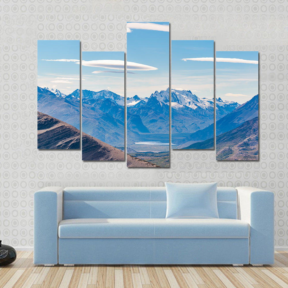 Scene Of A Snowing Landscape With Mountains Multi Panel Canvas Wall Art
