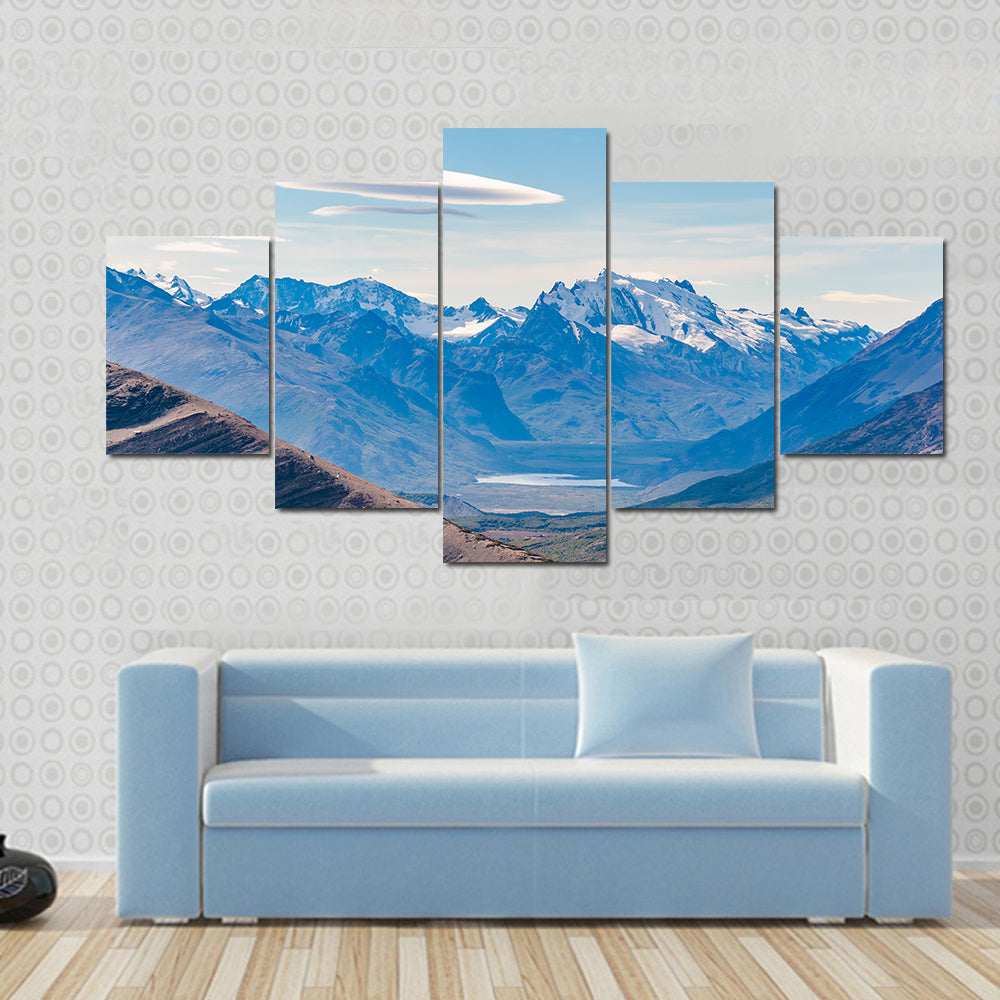 Scene Of A Snowing Landscape With Mountains Multi Panel Canvas Wall Art