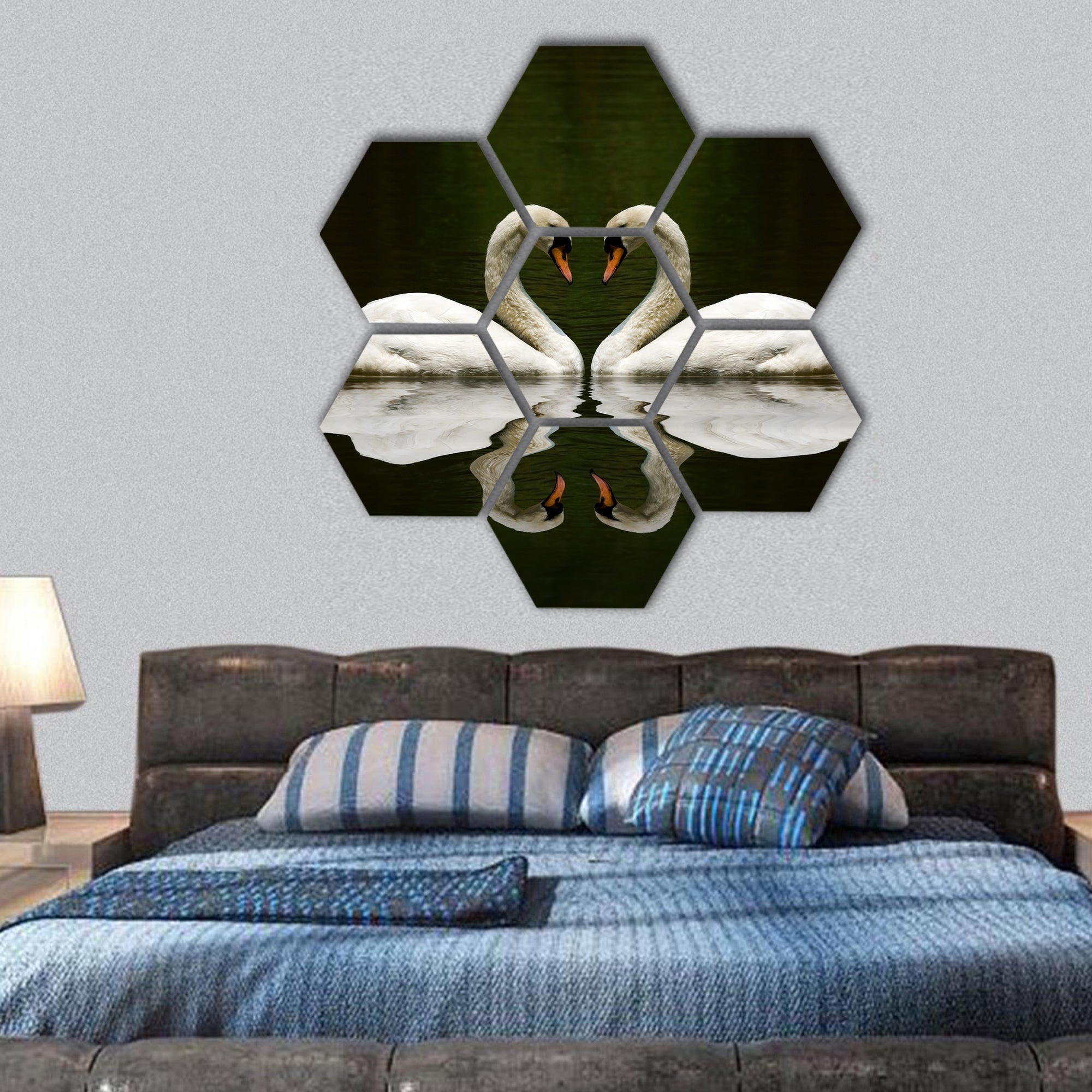 swan love reflection over a beautiful lake hexagonal canvas wall art