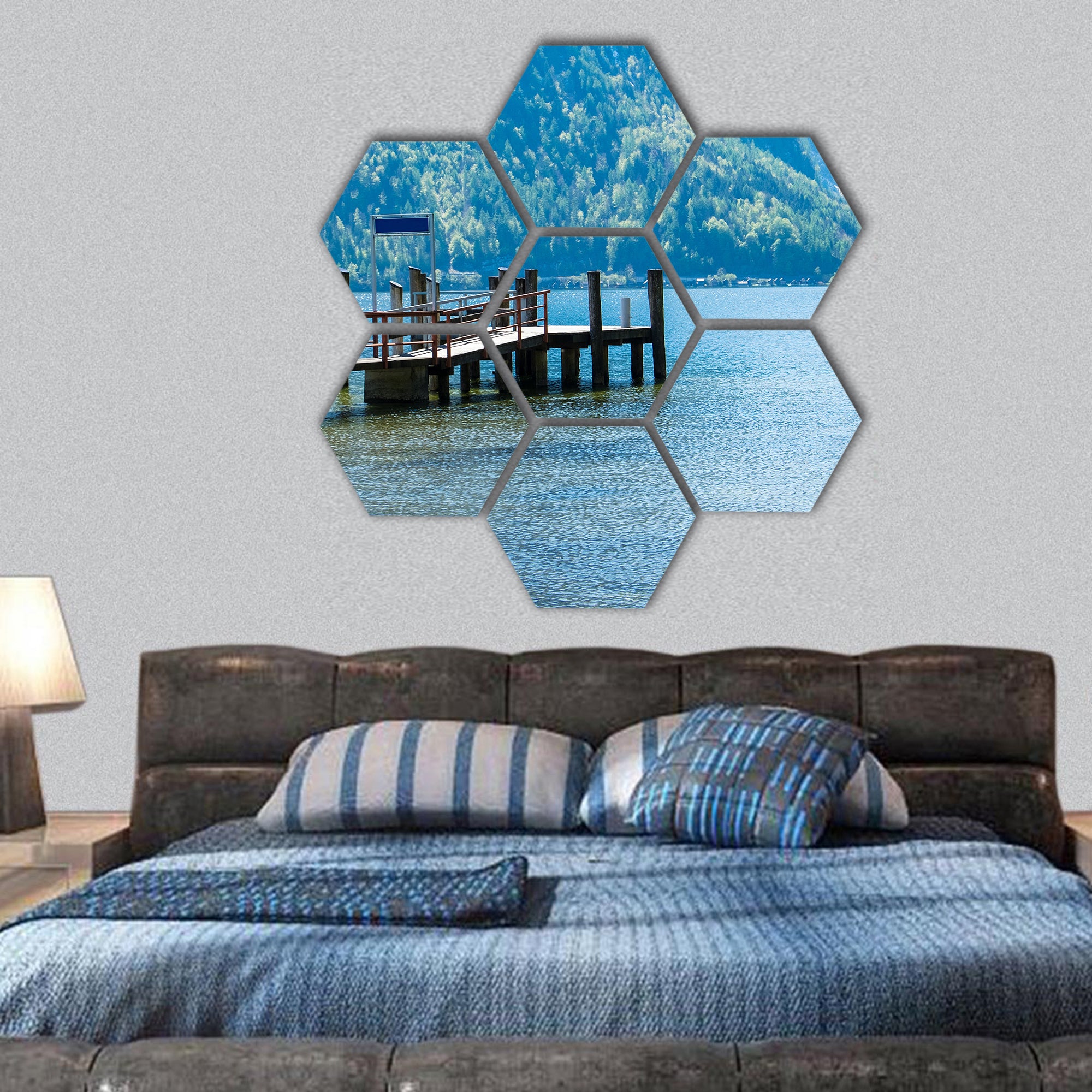 hallstatter see lake, with mountain hexagonal canvas wall art