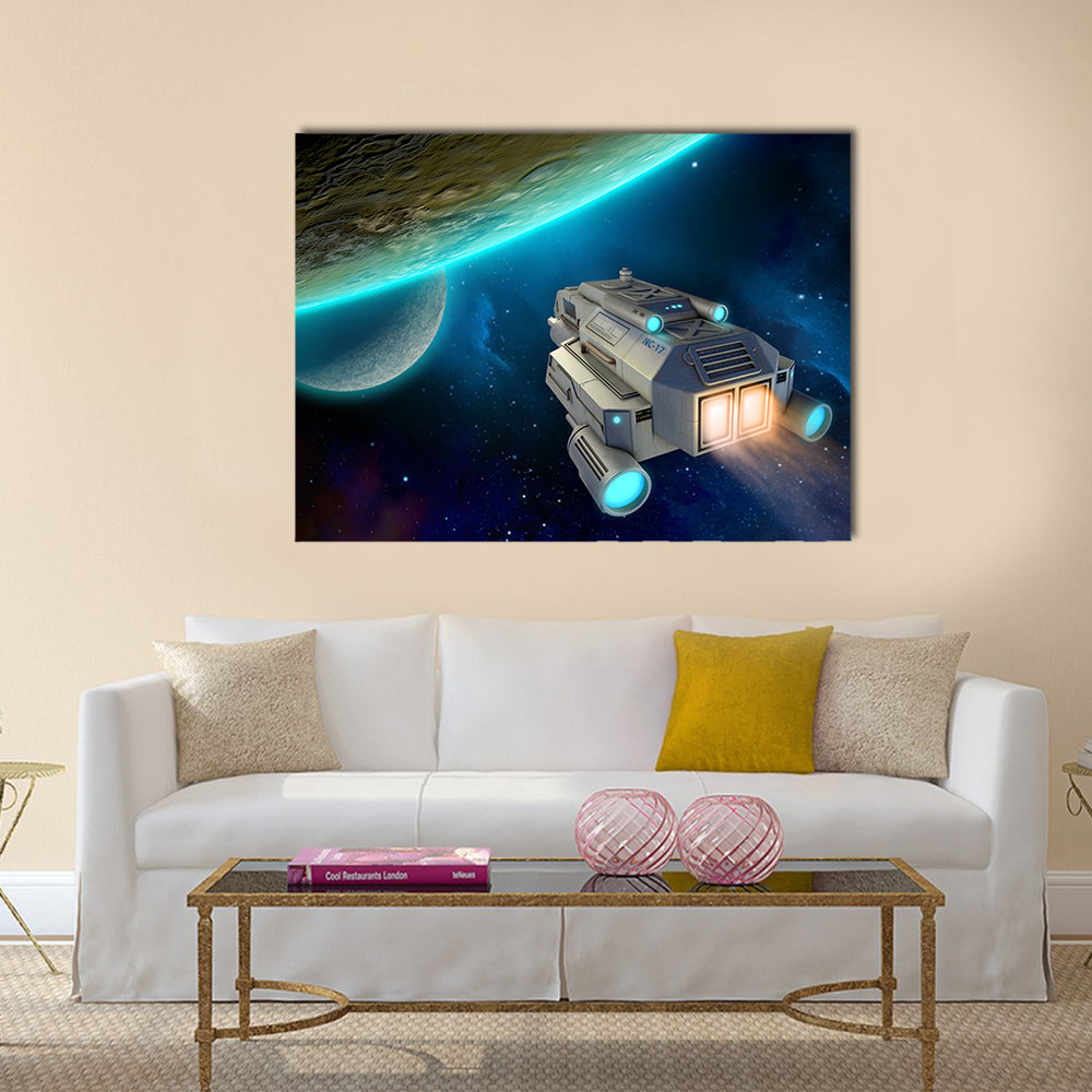 Spaceship approaching a planet. 3D illustration Multi Panel Canvas Wall Art
