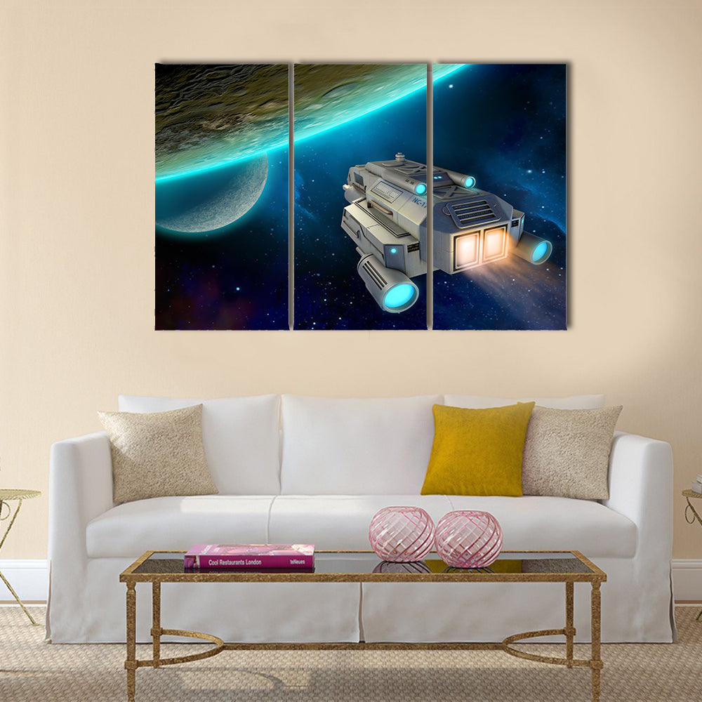 Spaceship approaching a planet. 3D illustration Multi Panel Canvas Wall Art