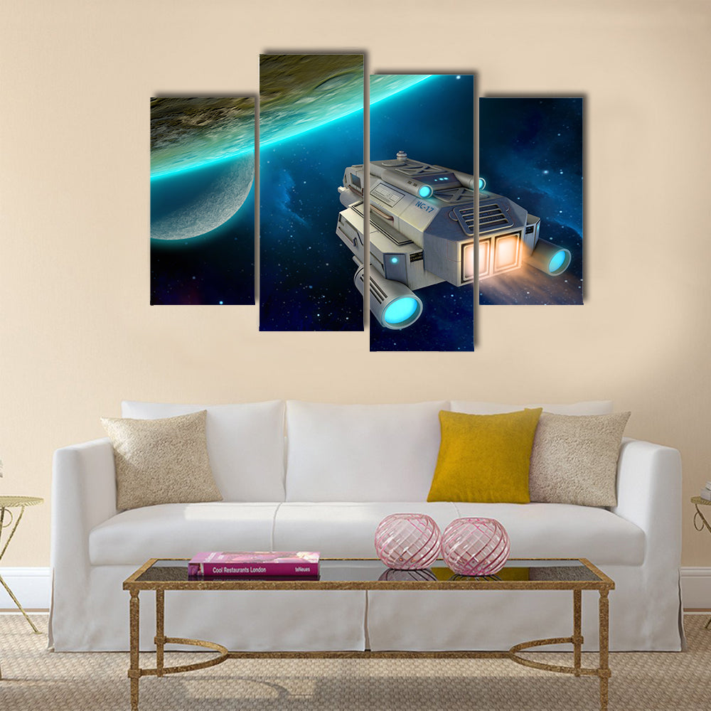 Spaceship approaching a planet. 3D illustration Multi Panel Canvas Wall Art
