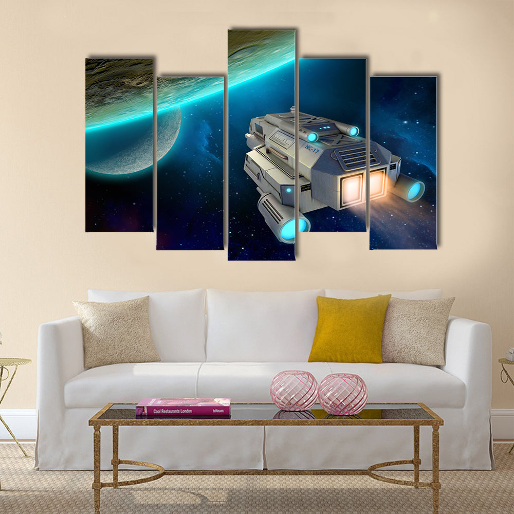 Spaceship approaching a planet. 3D illustration Multi Panel Canvas Wall Art