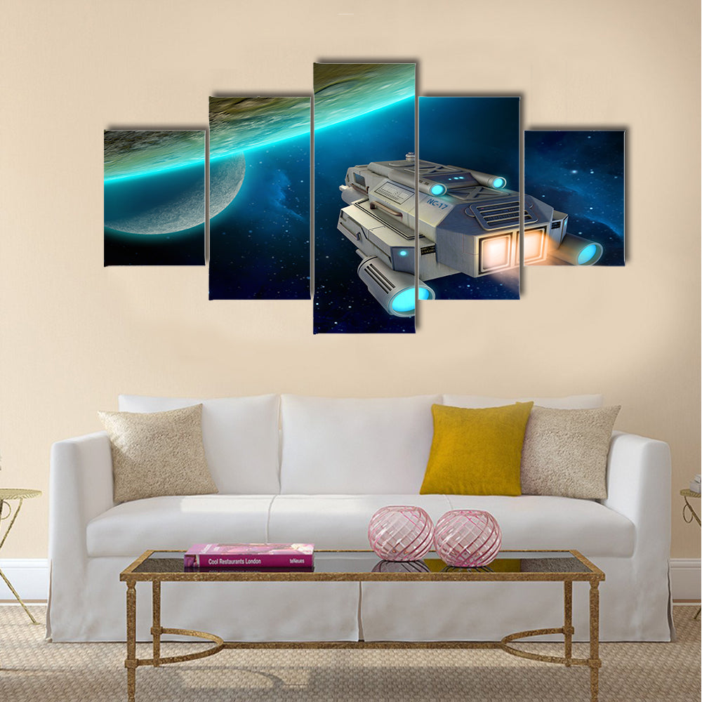 Spaceship approaching a planet. 3D illustration Multi Panel Canvas Wall Art