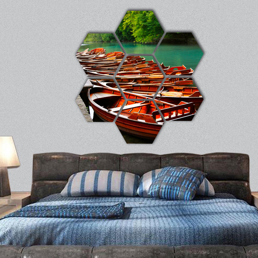 Boats in the national park Plitvice, Croatia hexagonal canvas wall art